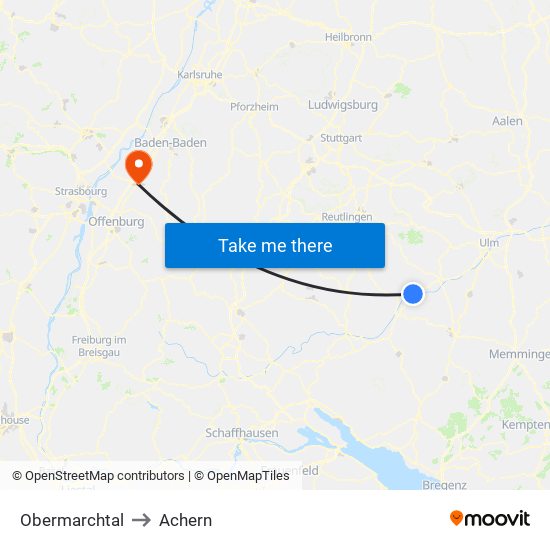 Obermarchtal to Achern map