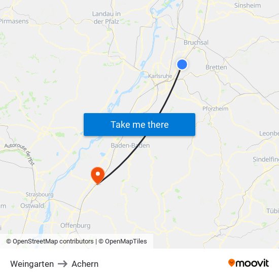 Weingarten to Achern map