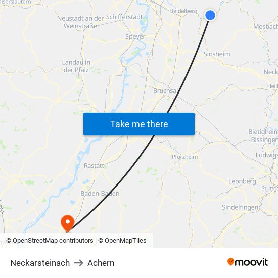 Neckarsteinach to Achern map