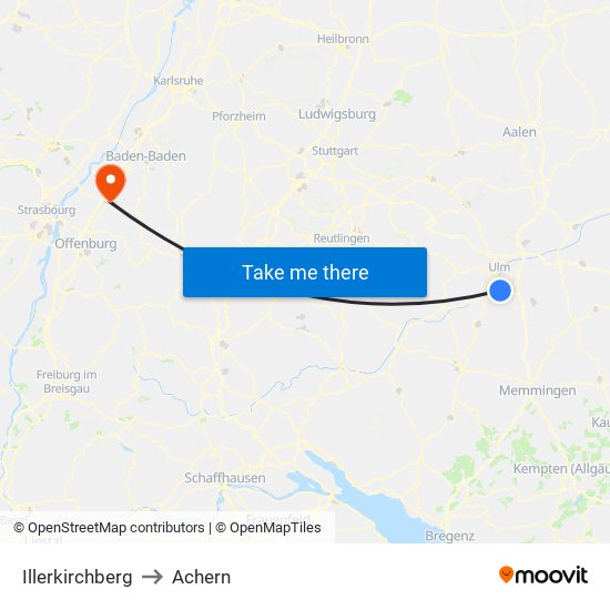 Illerkirchberg to Achern map