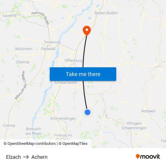 Elzach to Achern map