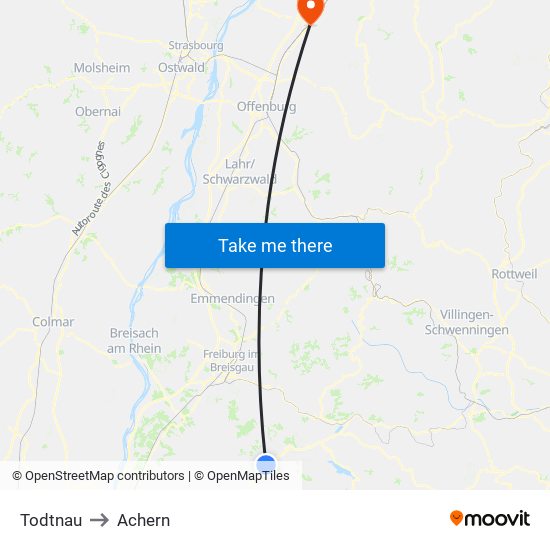 Todtnau to Achern map