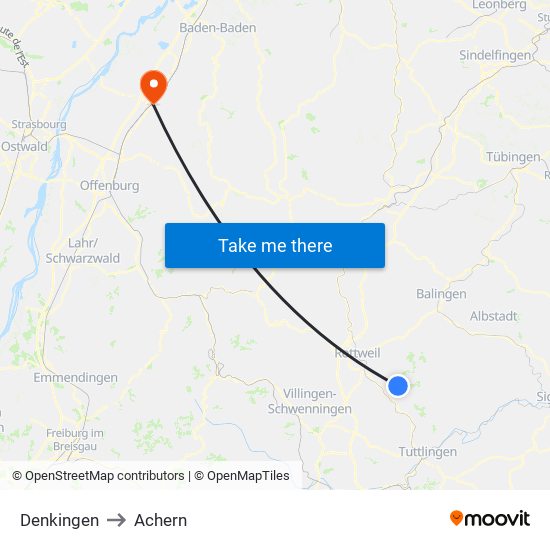 Denkingen to Achern map