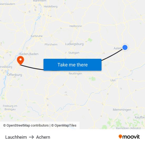 Lauchheim to Achern map