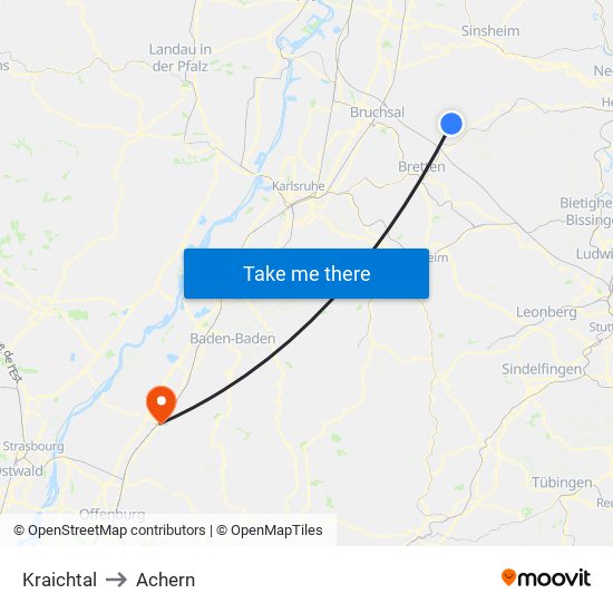 Kraichtal to Achern map