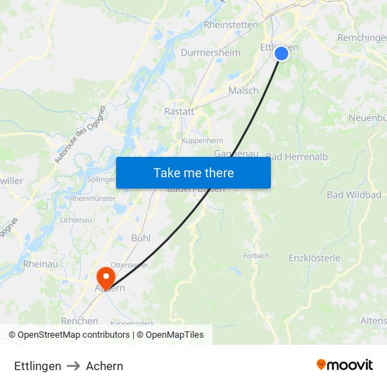 Ettlingen to Achern map