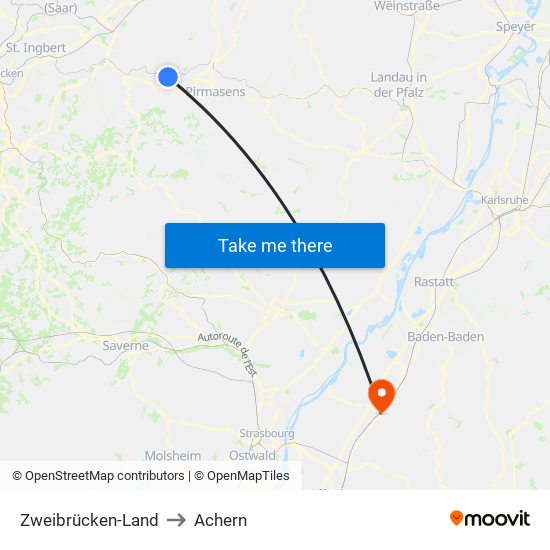 Zweibrücken-Land to Achern map