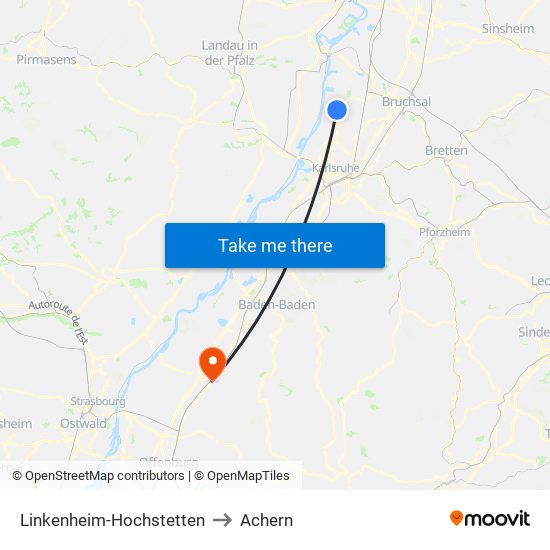 Linkenheim-Hochstetten to Achern map