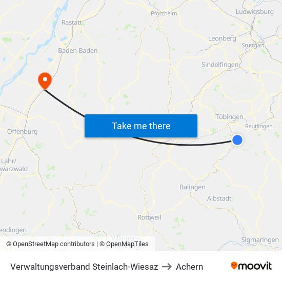 Verwaltungsverband Steinlach-Wiesaz to Achern map