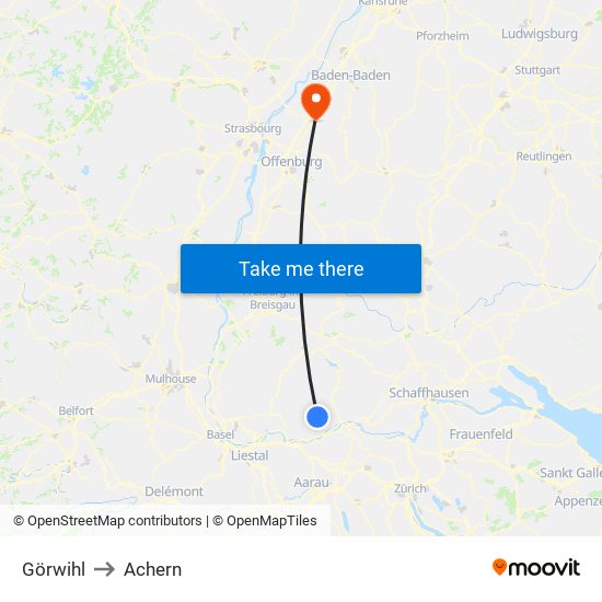 Görwihl to Achern map