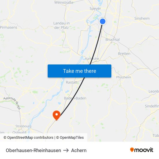 Oberhausen-Rheinhausen to Achern map