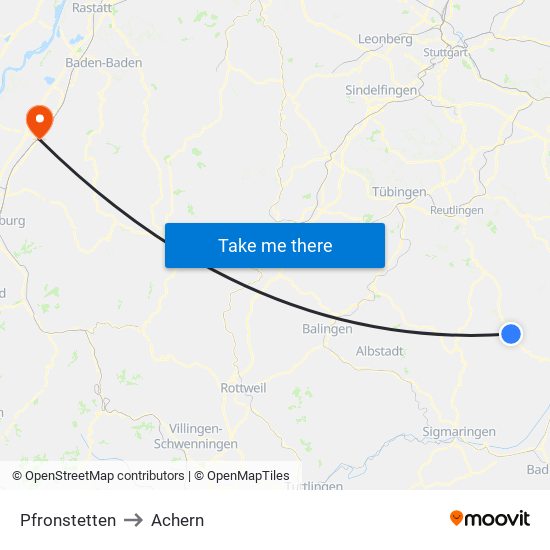 Pfronstetten to Achern map