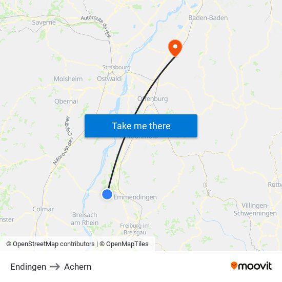 Endingen to Achern map