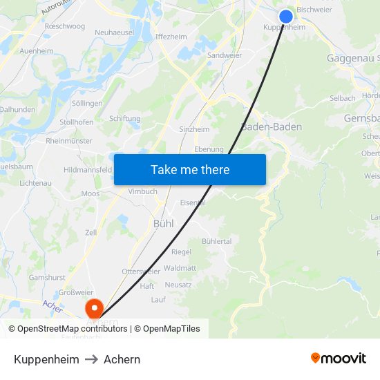 Kuppenheim to Achern map