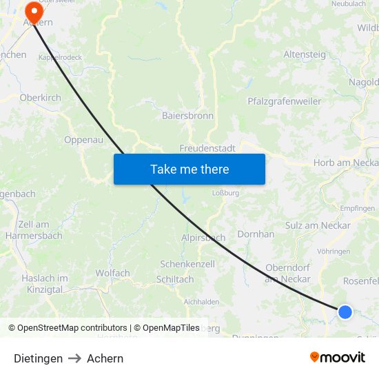 Dietingen to Achern map