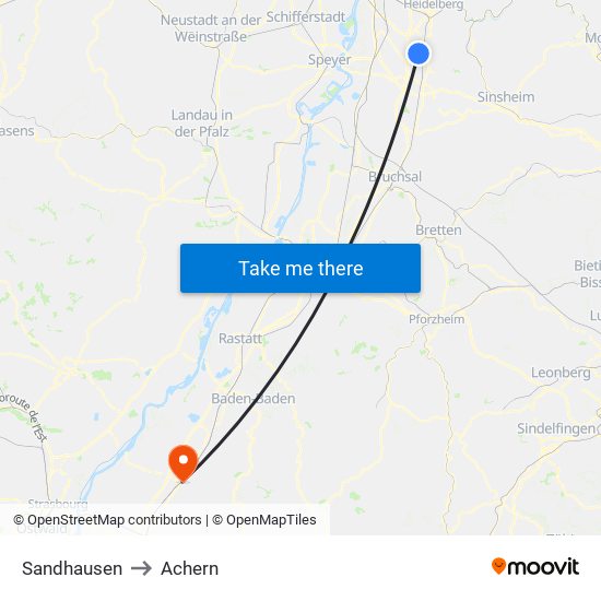 Sandhausen to Achern map