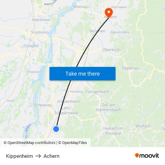 Kippenheim to Achern map