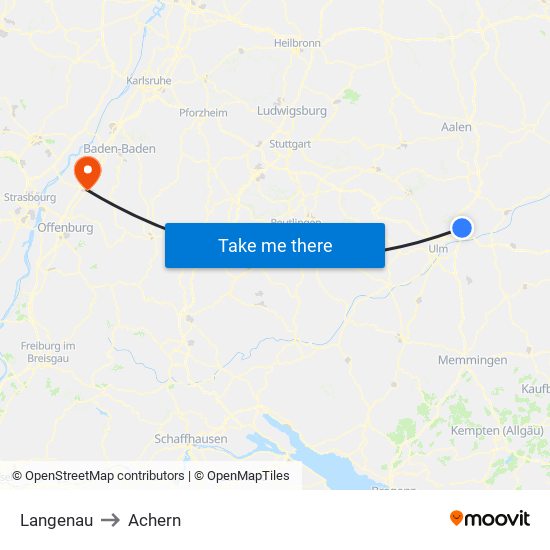 Langenau to Achern map