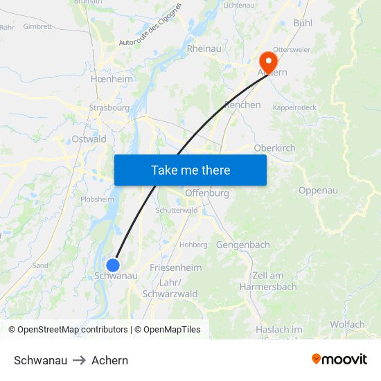 Schwanau to Achern map