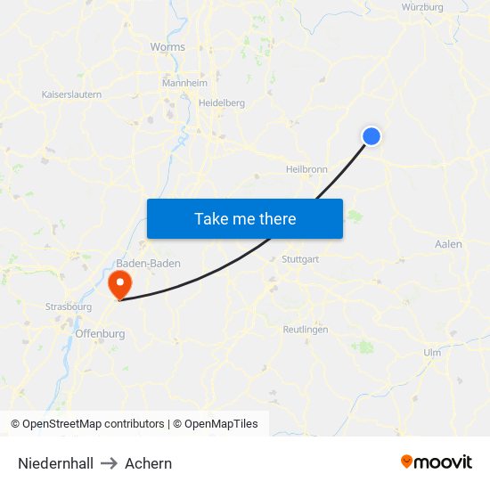 Niedernhall to Achern map