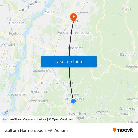 Zell am Harmersbach to Achern map