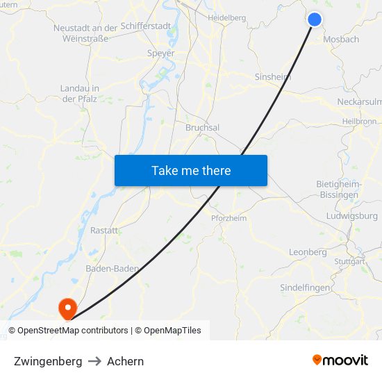 Zwingenberg to Achern map