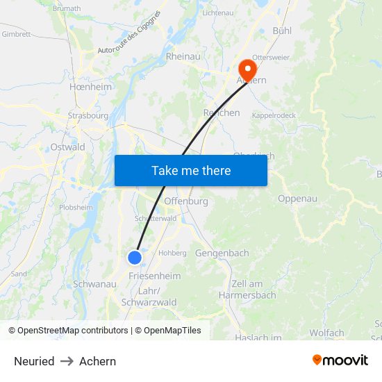 Neuried to Achern map