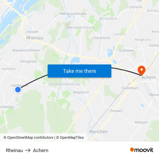 Rheinau to Achern map