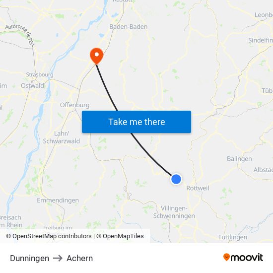 Dunningen to Achern map