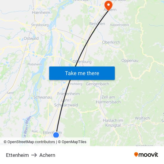 Ettenheim to Achern map