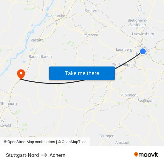 Stuttgart-Nord to Achern map