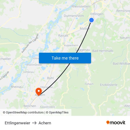 Ettlingenweier to Achern map