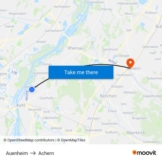 Auenheim to Achern map