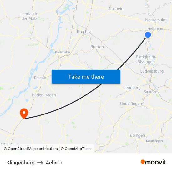 Klingenberg to Achern map