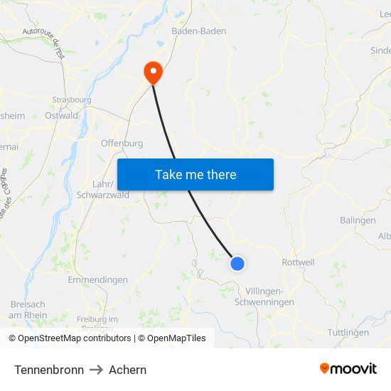 Tennenbronn to Achern map