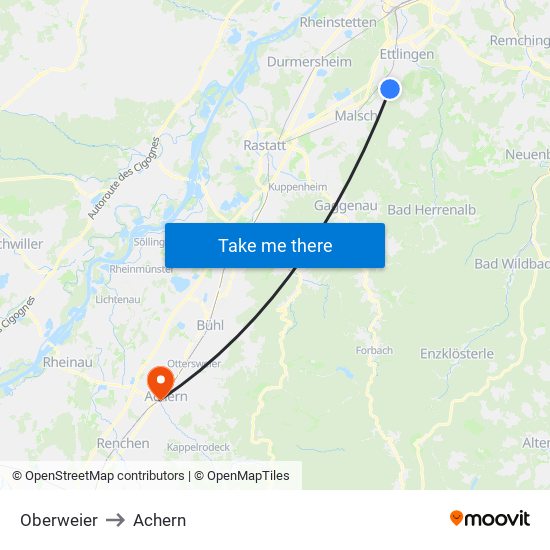 Oberweier to Achern map