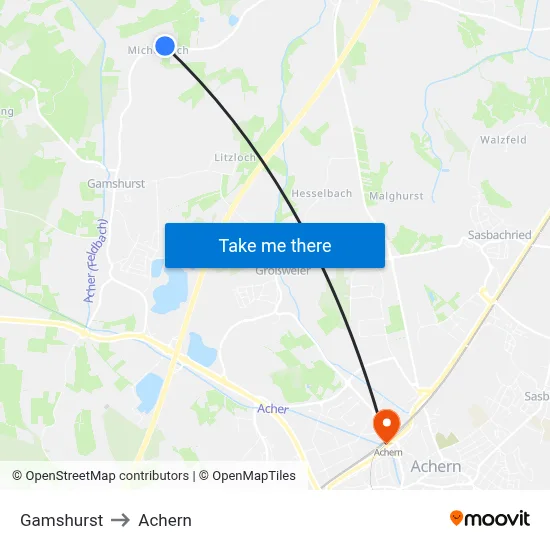 Gamshurst to Achern map