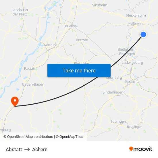 Abstatt to Achern map