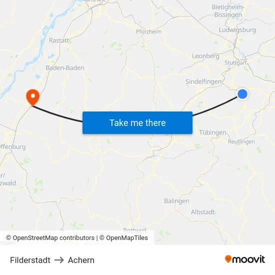 Filderstadt to Achern map