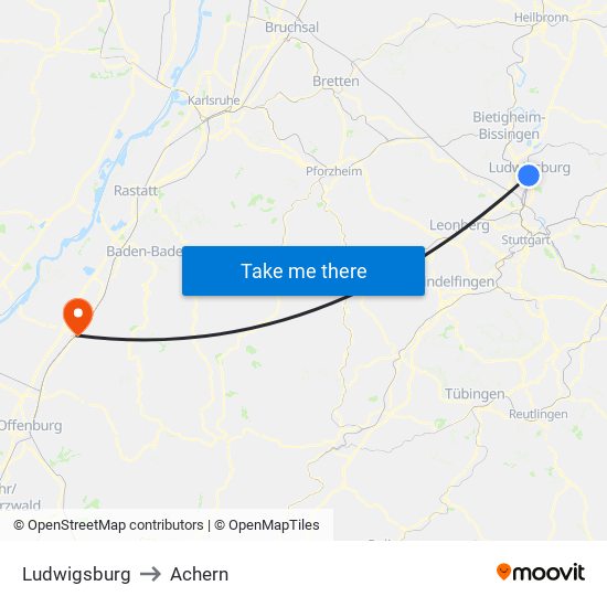 Ludwigsburg to Achern map