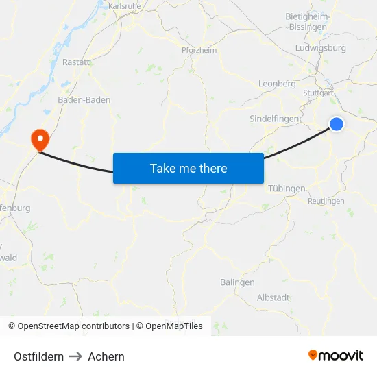 Ostfildern to Achern map