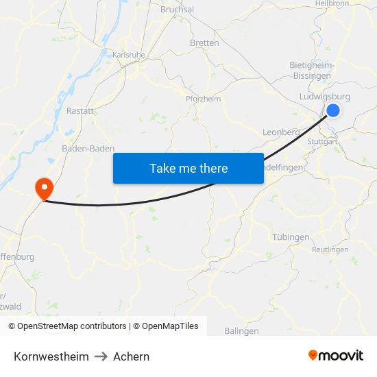 Kornwestheim to Achern map