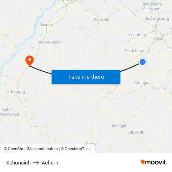 Schönaich to Achern map