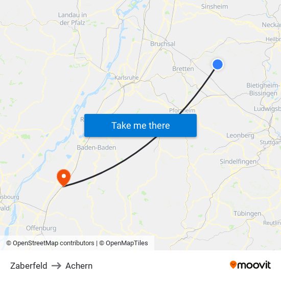 Zaberfeld to Achern map