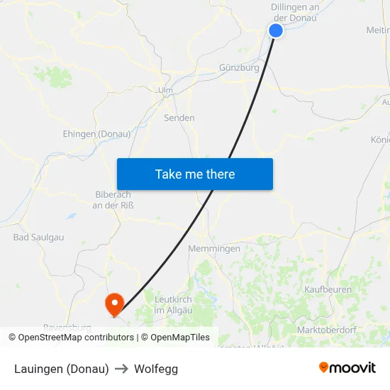 Lauingen (Donau) to Wolfegg map