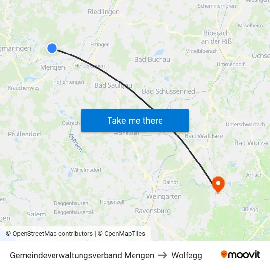 Gemeindeverwaltungsverband Mengen to Wolfegg map