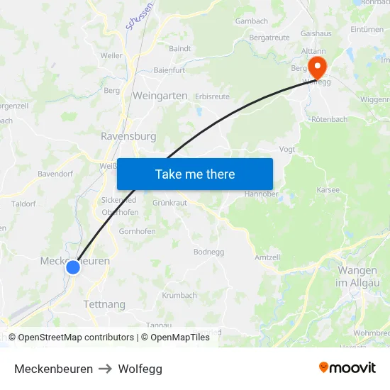 Meckenbeuren to Wolfegg map