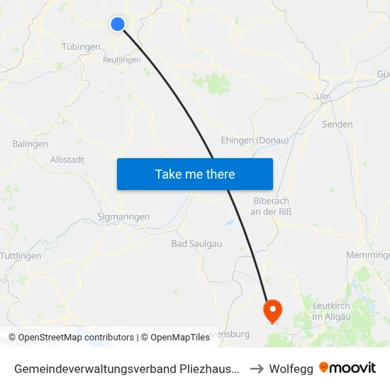 Gemeindeverwaltungsverband Pliezhausen to Wolfegg map