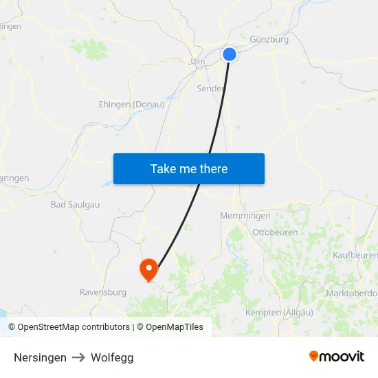 Nersingen to Wolfegg map