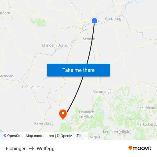 Elchingen to Wolfegg map